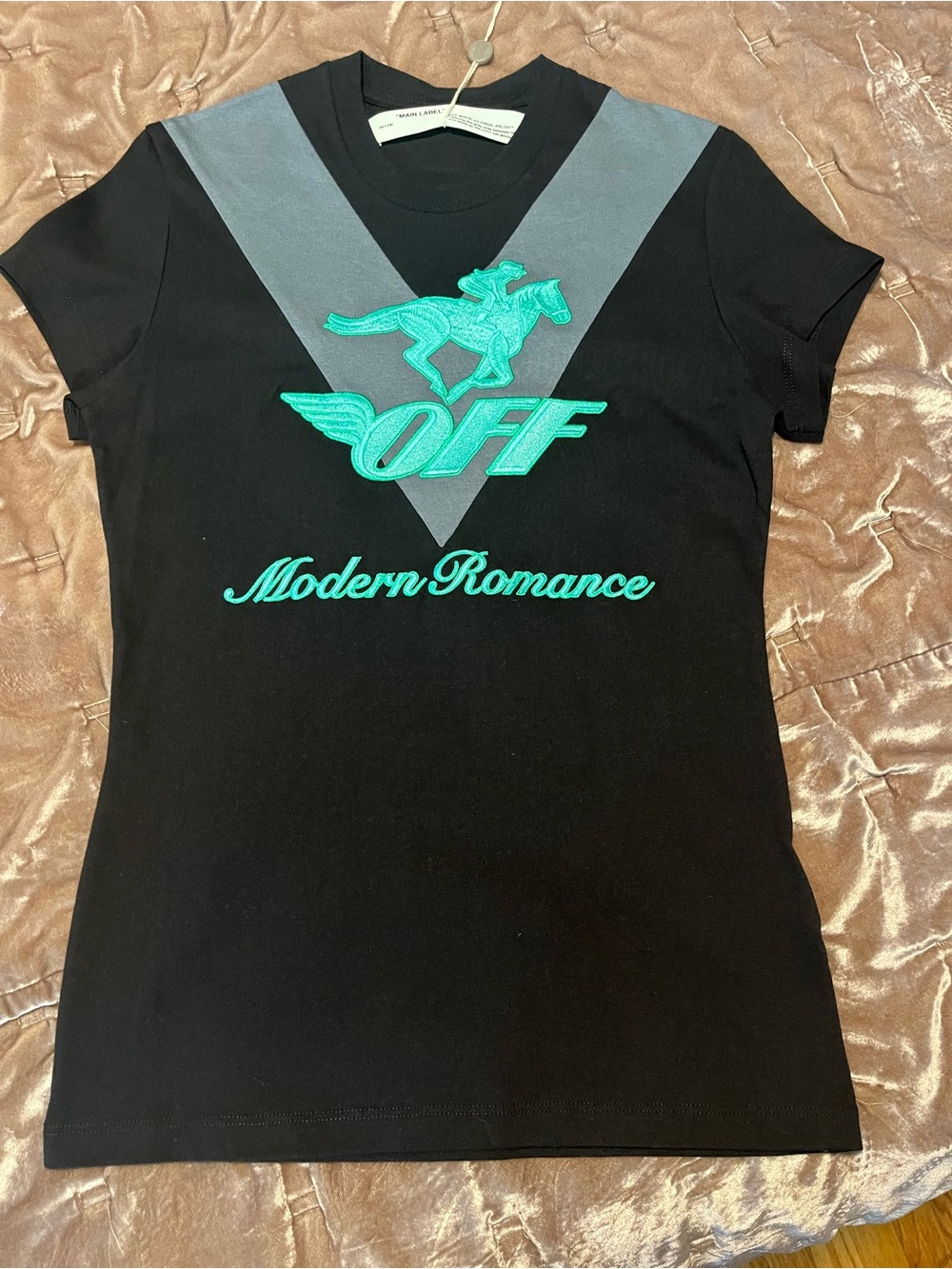 Off-White Black Short Sleeve Tee with Teal Logo